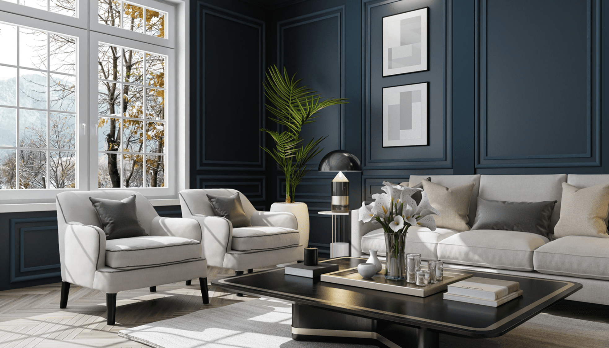 Modern living room with elegant furniture decor.